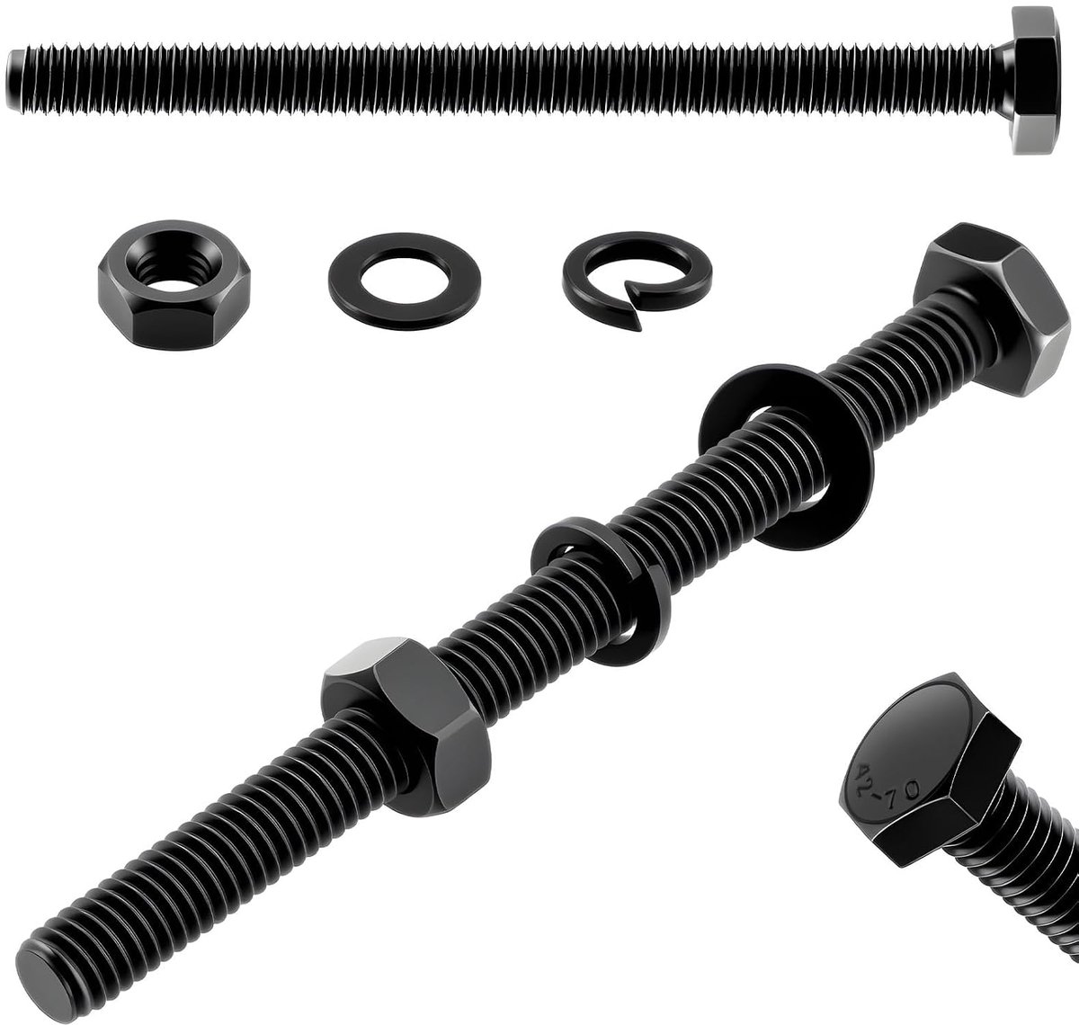 Zeskantschroeven, M6 x 40 mm, roestvrijstalen schroeven, zeskant, DIN 933, buitenzeskant, M6 schroeven, roestvrij staal, met zeskantmoeren, veerringen, sluitringen, zwart, verzinkt, voor auto's