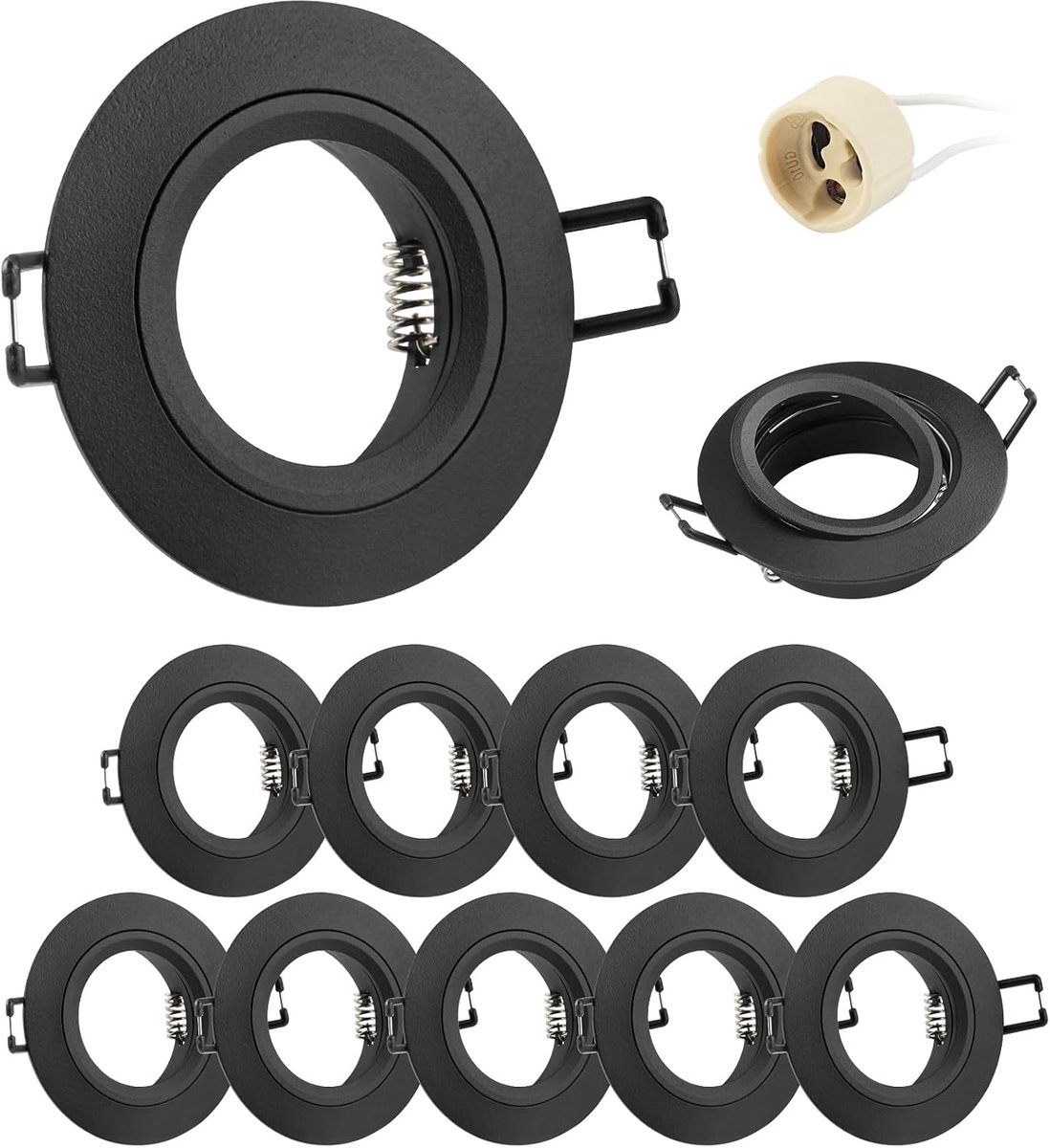 10 x inbouwspot, GU10, aluminium, zwart, houder, inbouwspot, montageframe met GU10-fitting, ronde plafondspot 68 mm, extra plat, voor ledlampen, montagegat Ø 60-70 mm, 230 V