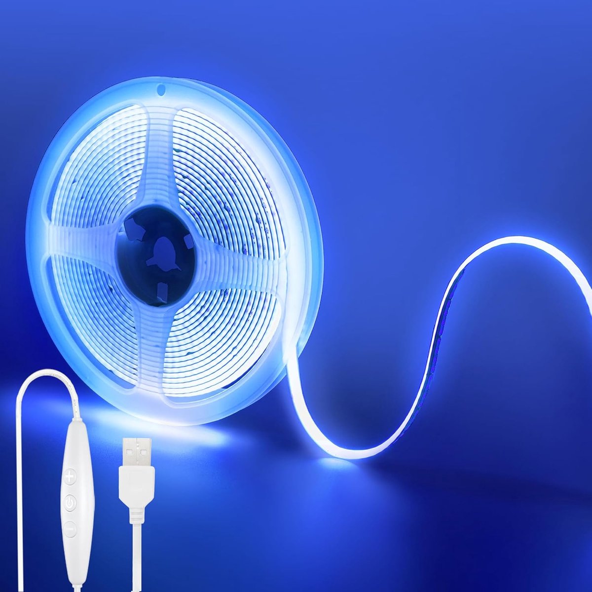 5V USB COB LED strip met dimbaarschakelaar, 9.84FT/3M, blauw, 320led /M, 8mm breedte, niet waterdicht IP20,1. 5m USB schakelkabel voor doe-het-zelf interieur
