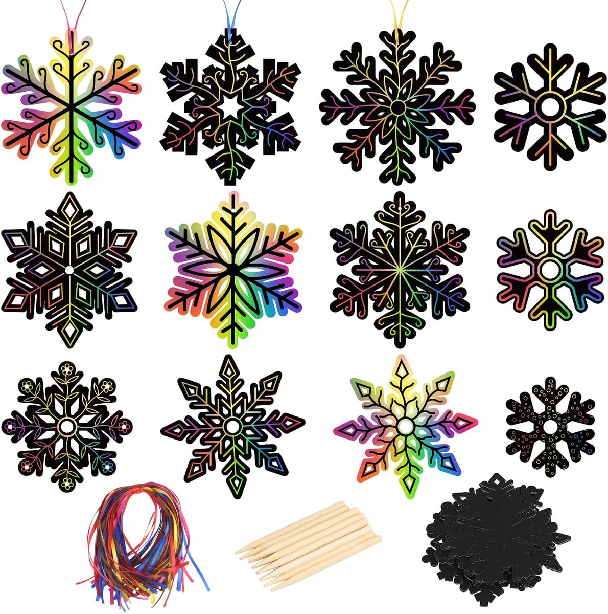 40 stuks sneeuwvlokken kraspapier winter krasafbeeldingen kinderen regenboog scratch art set met houten stiften linten, kraspapier knutselset voor winter decoratie party cadeautje verjaardag
