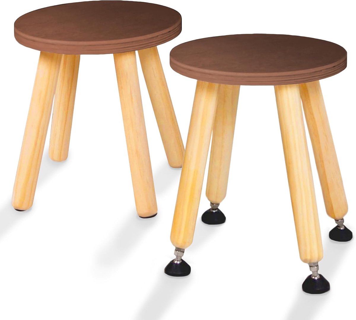 Houten opstapkruk voor kinderen en peuters, set van 2, notenhout, kinderkruk met uittrekbare poten, sensorische tafelkruk, ronde kruk voor kinderen met nivelleringspoten