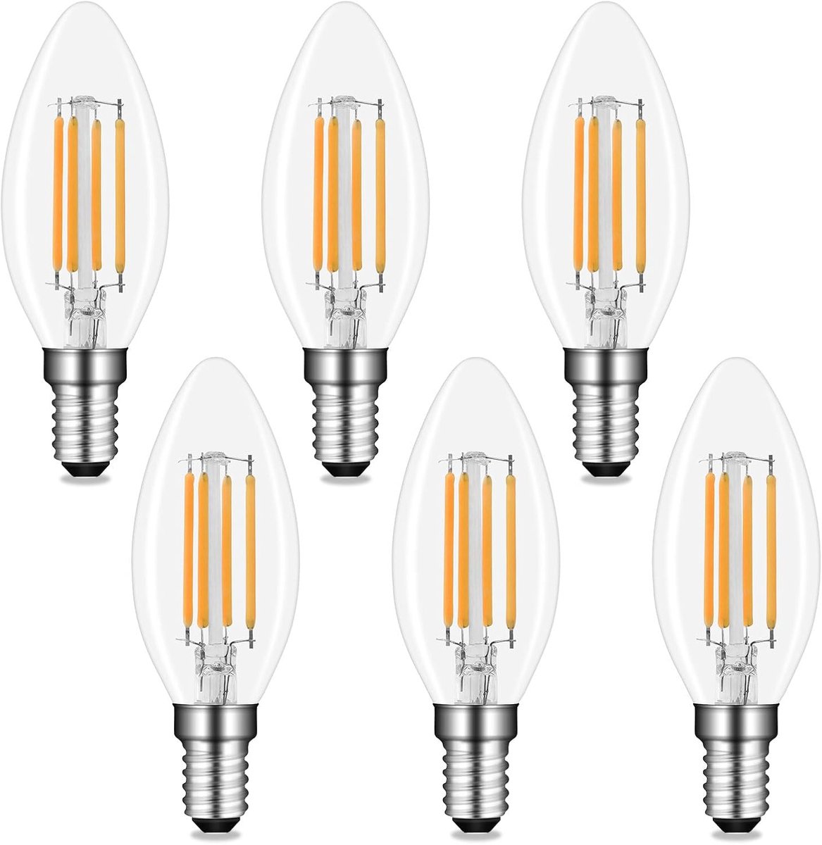 Ledlamp, E14, C35, 4 W, warmwit, 2700 K, 400 lm, AC 230 V, komt overeen met E14, 40 W, gloeilamp, led-kaars, kleine E14-fitting voor decoratieve verlichting, niet dimbaar, 6 stuks