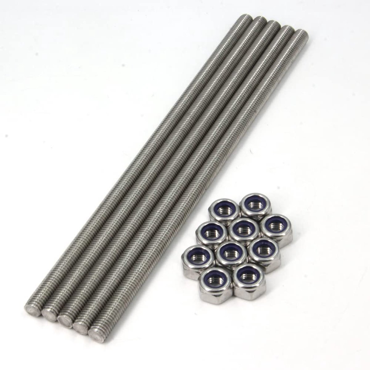 5 stks/pak M10 x 250 mm volledig schroefdraad, 304 roestvrij staal draadstang, rechterhand draden 1,5 mm steek met 10 stks borgmoeren voor klemmen, hangers, ankerbouten en U-bouten (M10 x 250 mm)