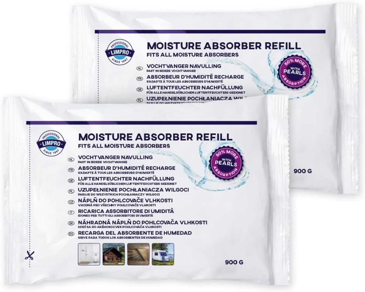 Vochtvanger navulling - 2 stuks - 900 g - Parels - absorbeert tot 50% meer vocht - SnelShoppen