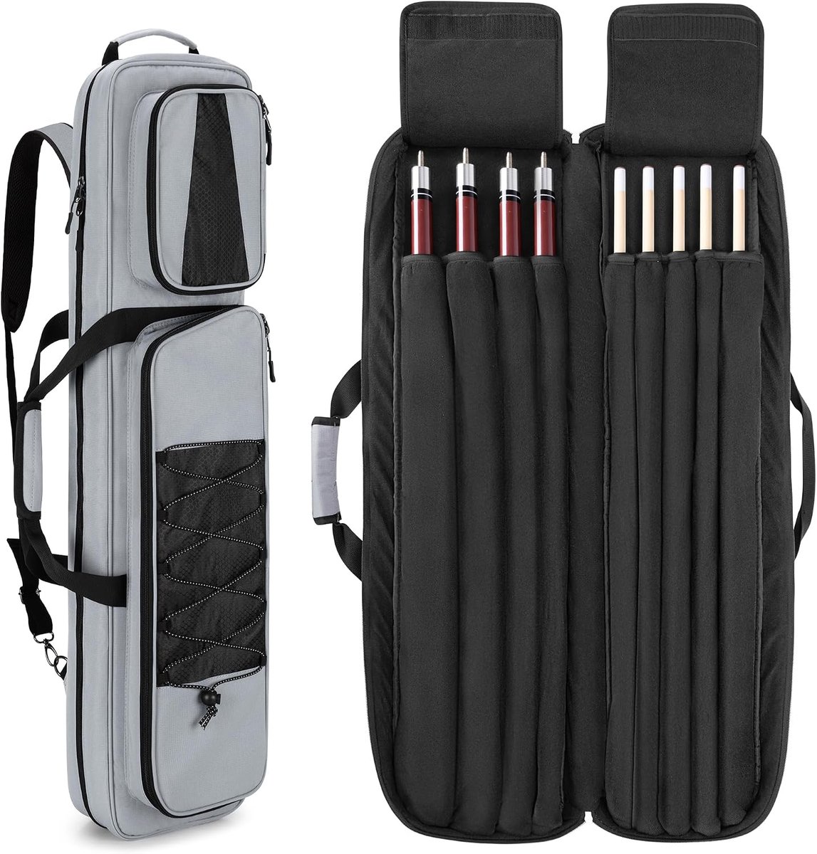 Zwembadkeukoffer, biljartstick-draagtas voor 4 zuigers en 6 schachten, zachte pool stick tas met grote accessoirezakken aan de voorkant en schouderriem