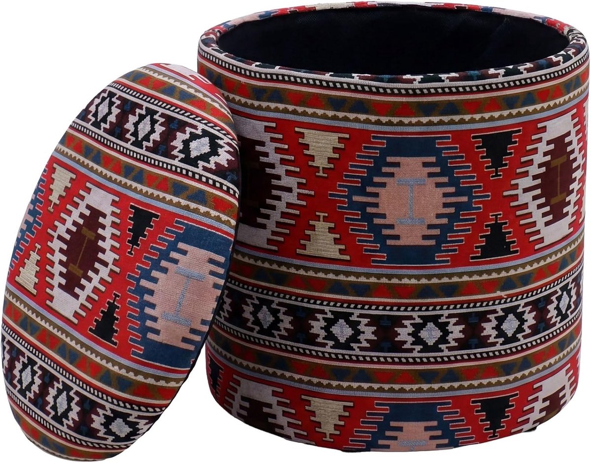 Poef Rond 40 cm Wol met Opbergruimte | poef met afneembaar deksel, stoffen poef in boho stijl, kaptafelkruk tot 120 kg, handgemaakt, opberging