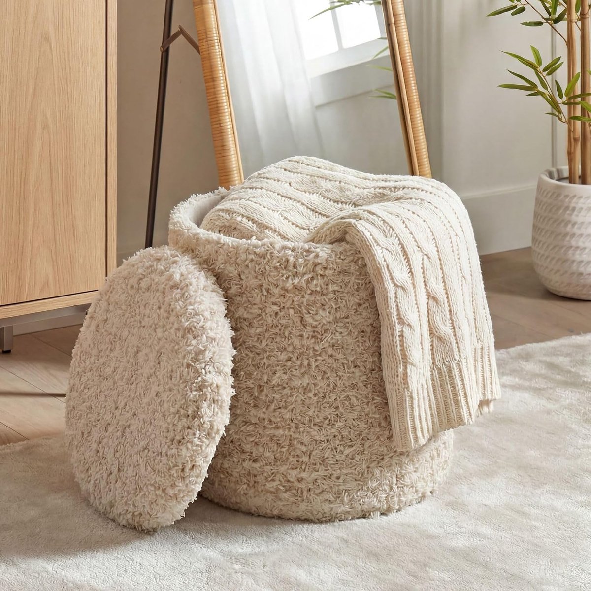 Poef Rond 40 cm Wol Beige met Opbergruimte | poef met afneembaar deksel, stoffen poef in boho stijl, kaptafelkruk tot 120 kg, handgemaakt, opberging