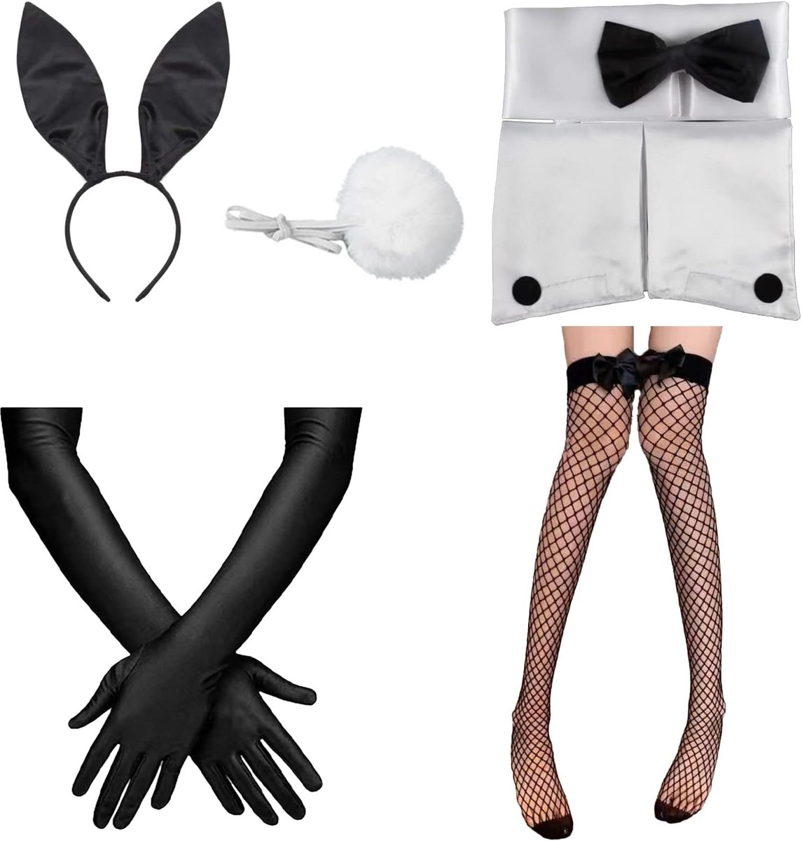 7-delig hazenkostuum accessoires, hoofdband met hazenoren, halsketting met vlinderdas, manchetten en hazenstaart voor dames, meisjes, feest, Pasen, Halloween, Kerstmis, cosplay