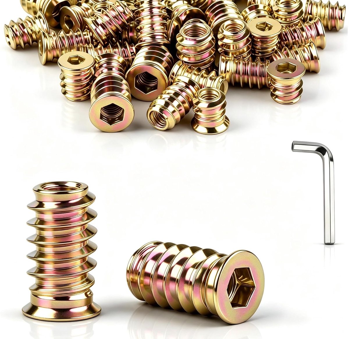 M6 x 14 mm, inschroefmof, M6 verzinkt, met moersleutel, binnenzeskant schroefdraadinzetstuk hout voor vezelplaat, multiplex en houten meubels, 45 stuks