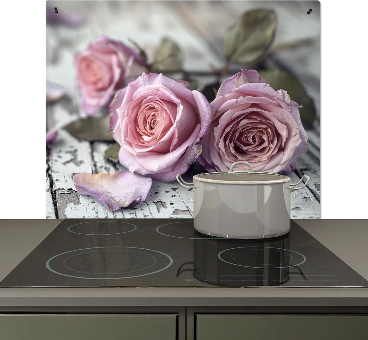 Spatscherm Keuken 52x60 cm Kookplaat Achterwand Beschermer Muur Spatwand Fornuis Aluminium Hittebestendig - Rozen - Vintage - Roze - Hout | 60 x 52 cm - keukenwand, fornuisafdekking, inductiemat rozen - vintage - roze - hout