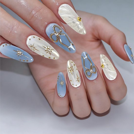 On Nails, Pers op Nagels Kort Amandel, 3D Fake Nagels Oceaanblauw met Gouden Strik, Ster, Parel en Golvende-Design, Glitter Acryl Nagels om op te Plakken, Kunstnagels voor Vrouwen, — afbeelding 2