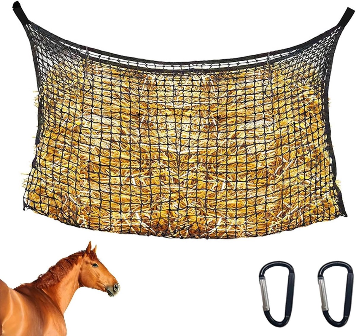 Hooiennet voor paarden, 90 x 120 cm, met karabijnhaak, scheurvast, groot en robuust net, hooitas, paard, geschikt voor paarden, runderen, schapen en ezels, universele voederautomaat