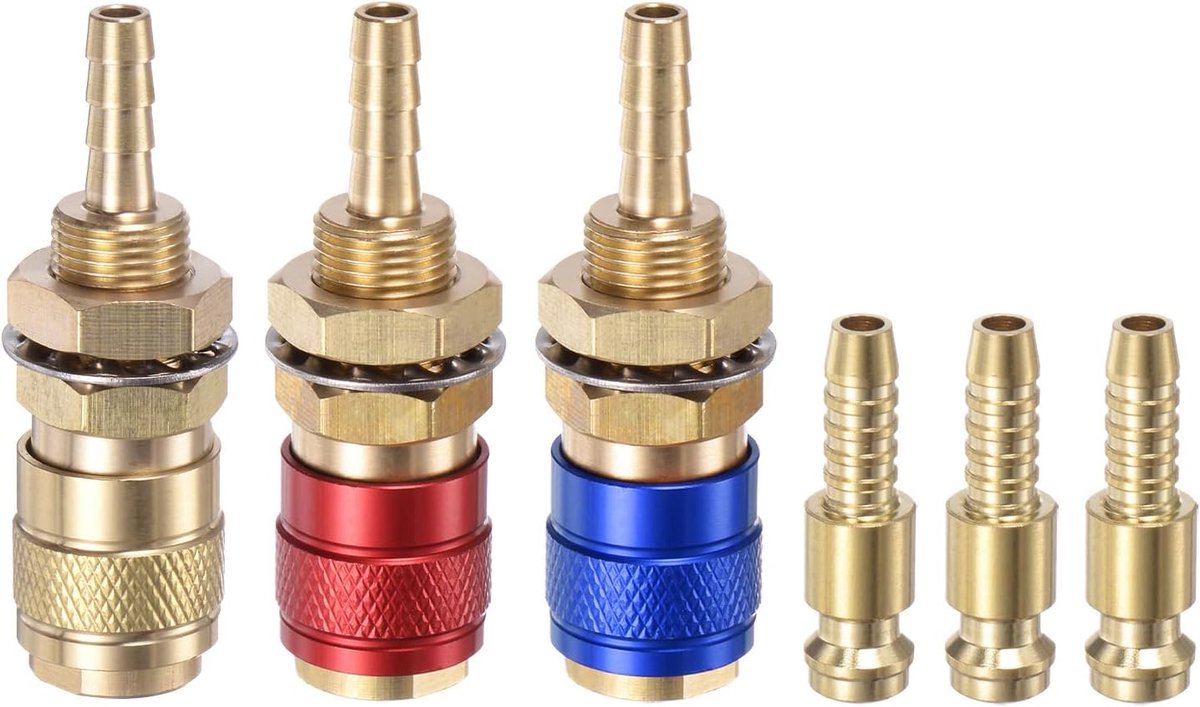 6 stuks gas- en water-snelkoppelingen voor buizen met een binnendiameter van 6 mm met slang voor TIG 12 18 20 27 snelverbinding lasbrander gasafgifte, messing/rood/blauw