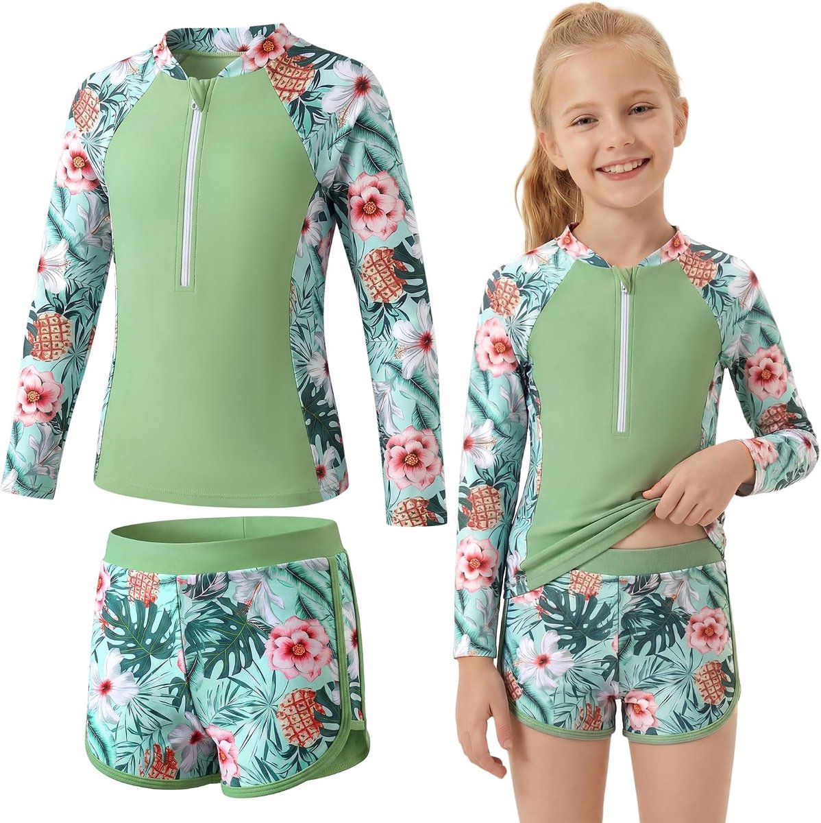 meisjes rashguard-set: tweedelige zwemkleding met lange mouwen en zonbescherming, met uitneembare vullingen, zwemtop met bloemenpatroon en halve rits & zwemshort, zwempak voor 5-12 jaar