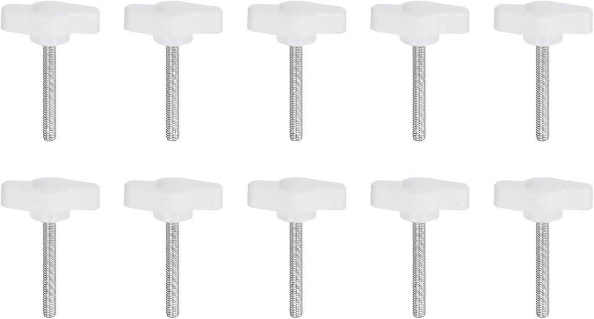 10 stuks T-vleugelgrepen, gekartelde kop, M4 x 30 mm, buitendraad, standaard handgrepen, T/Z, kunststof, verstelbare handgrepen, klemgrepen, gekartelde kop, wit.