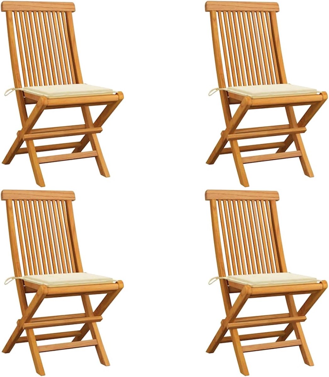 Tuinstoelen met crèmewit kussen, 4 stuks, massief teak, balkonstoelen, tuinstoel, balkonstoel, terrasstoel, tuinmeubelen, voor tuin balkon