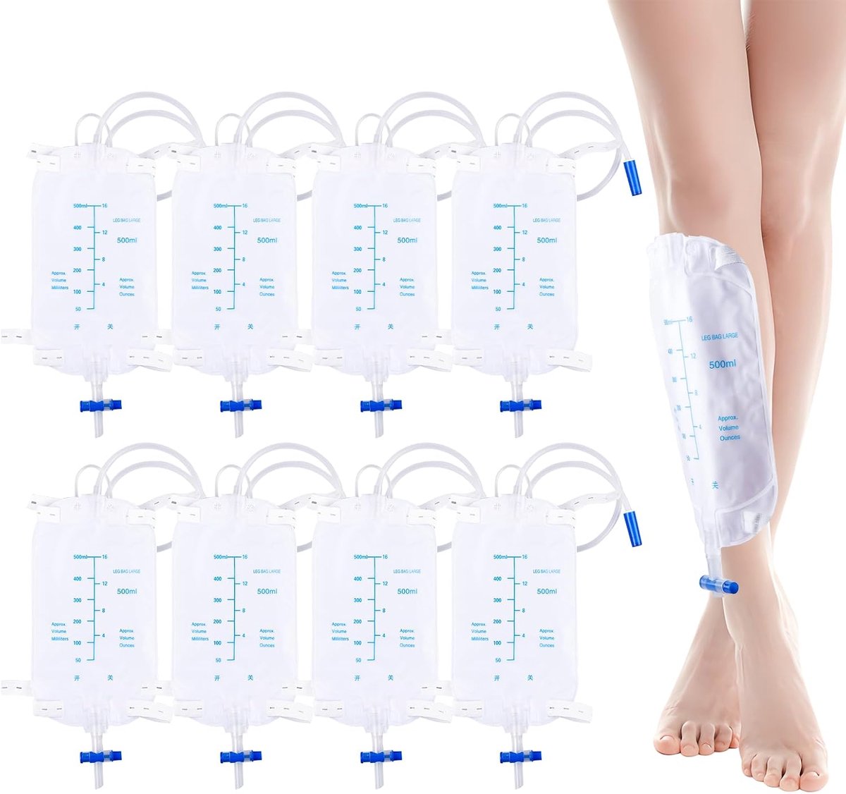 8 stuks 500 ml beenzakken, urinedrainagezakken, urinezak, urineopvangzak, urinetrainage, katheterzak met 50 cm slanglengte voor urinedrainage