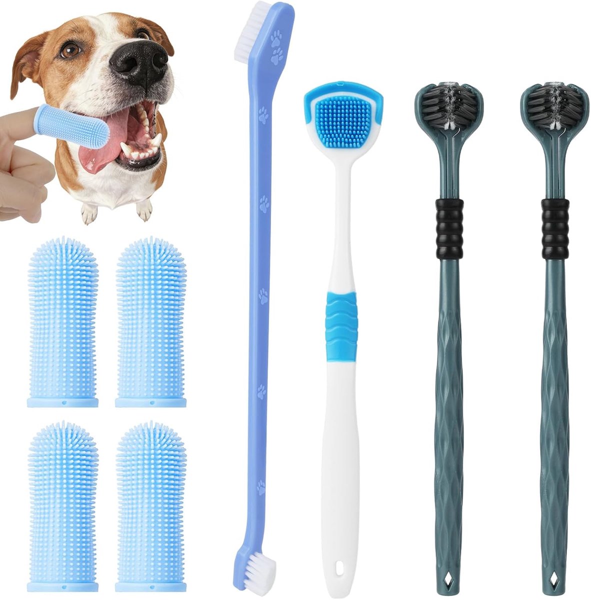 Hondentandenborstel, 8 stuks hondentandenborstelset, 360º vingerborstel voor honden, drievoudige kop, dubbele kop, tandenreiniging onder meerdere hoeken voor