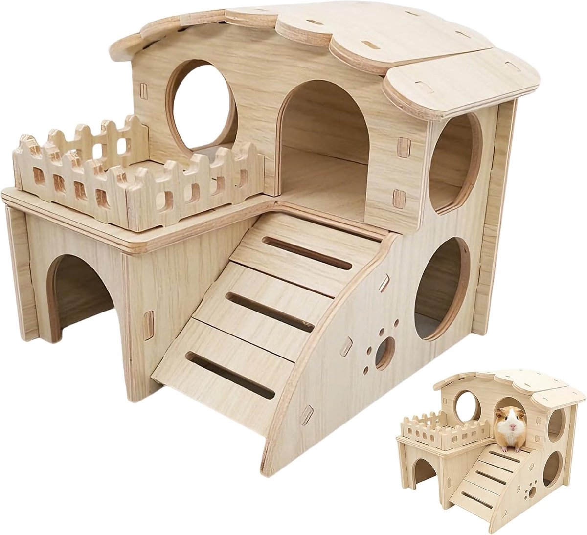 Hamsterhuis van hout, cavia's, hamsterhuis, hamsterhuis, hamster met helling, verstopplaats voor kleine dieren, hamsters, cavia's, accessoires, voor kleine huisdieren, dwerghamsters, racermuizen