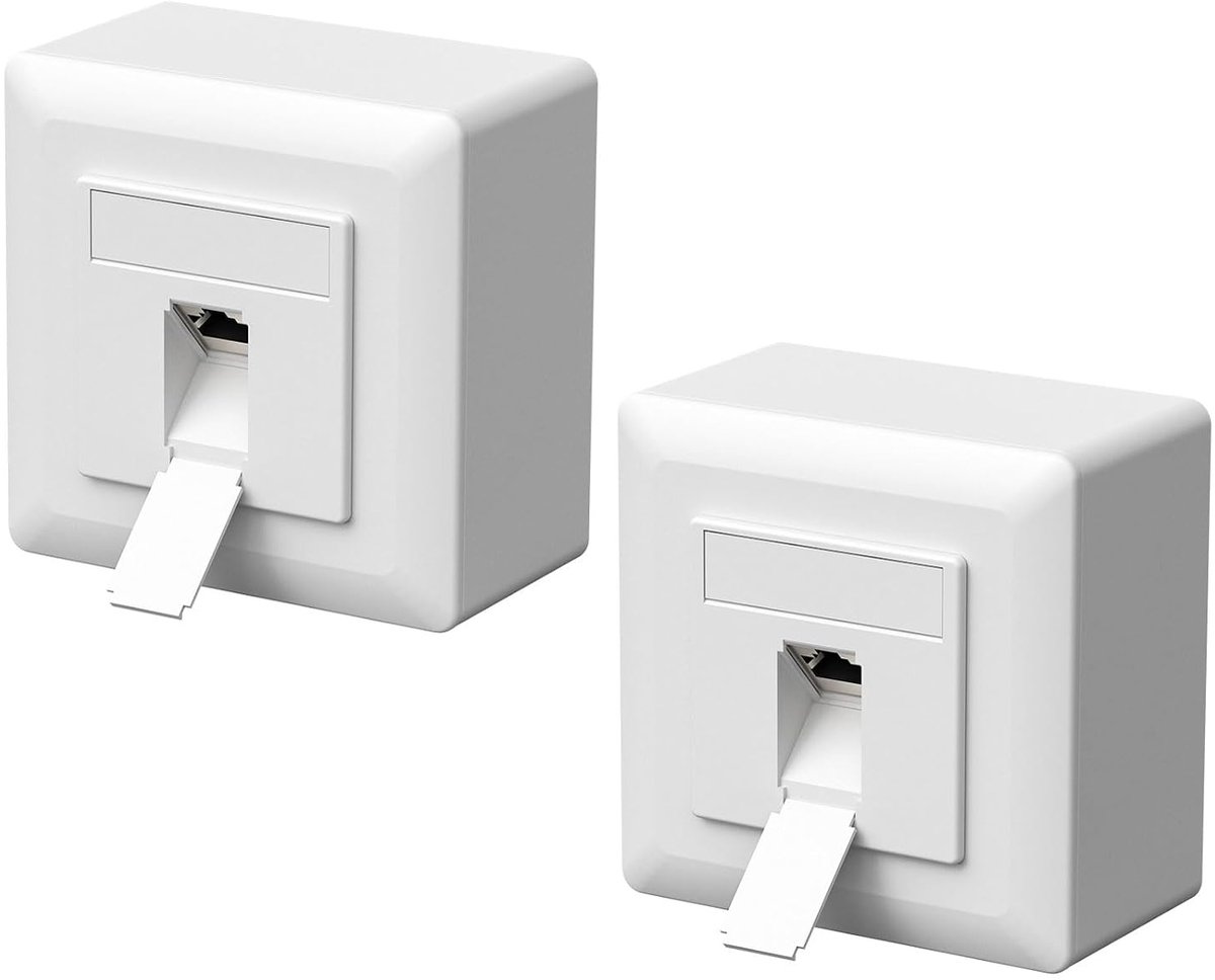 2 x universale netwerkdoos, aansluitdoos, gegevensdoos, CAT6a, 1 poort RJ45, 10 Gigabit Ethernet, LAN-doos voor netwerkkabel en installatiekabel, wit