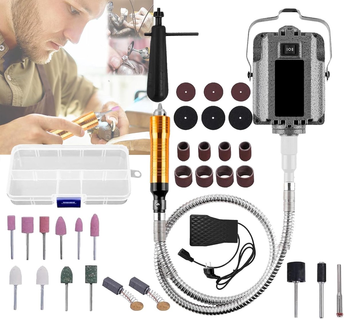 Elektrische polijstmachine, micromotor, 0-30.000 tpm, 800 W, graveergereedschap met voetpedaalbesturing, elektrische polijstmachine voor laboratorium, sieraden, keramiek, siliconen