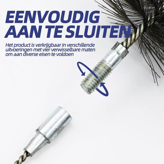 4-delig, met 30/50/80/150 mm borstels, incl. 1 m staaldraad en duwstang, schoorsteenbezem voor open haard, kachelpijp en rookkanaalreiniging — afbeelding 3