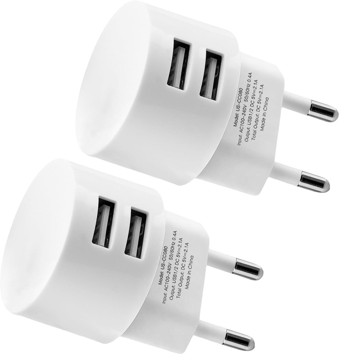 2 stuks dubbele USB-A-stekker, 5 V, 2,1 A, USB-oplader, meerdere USB-adapter | Snel opladen, USB-adapter, voor trommelstopcontacten voor mobiele telefoons, tablets en apparaten met beperkte ruimte