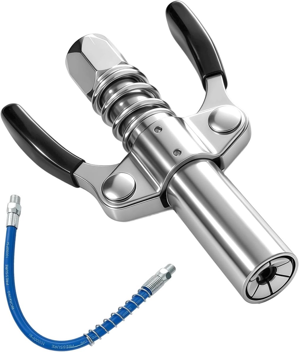 Vetpers voor smeernippel, 10.000 psi, dubbele handgreep, G-koppeling, oliemond met 30 cm slang, vergrendelingstang, vetpers, koppeling, geschikt voor standaard M6/M8/M10/M12/M14