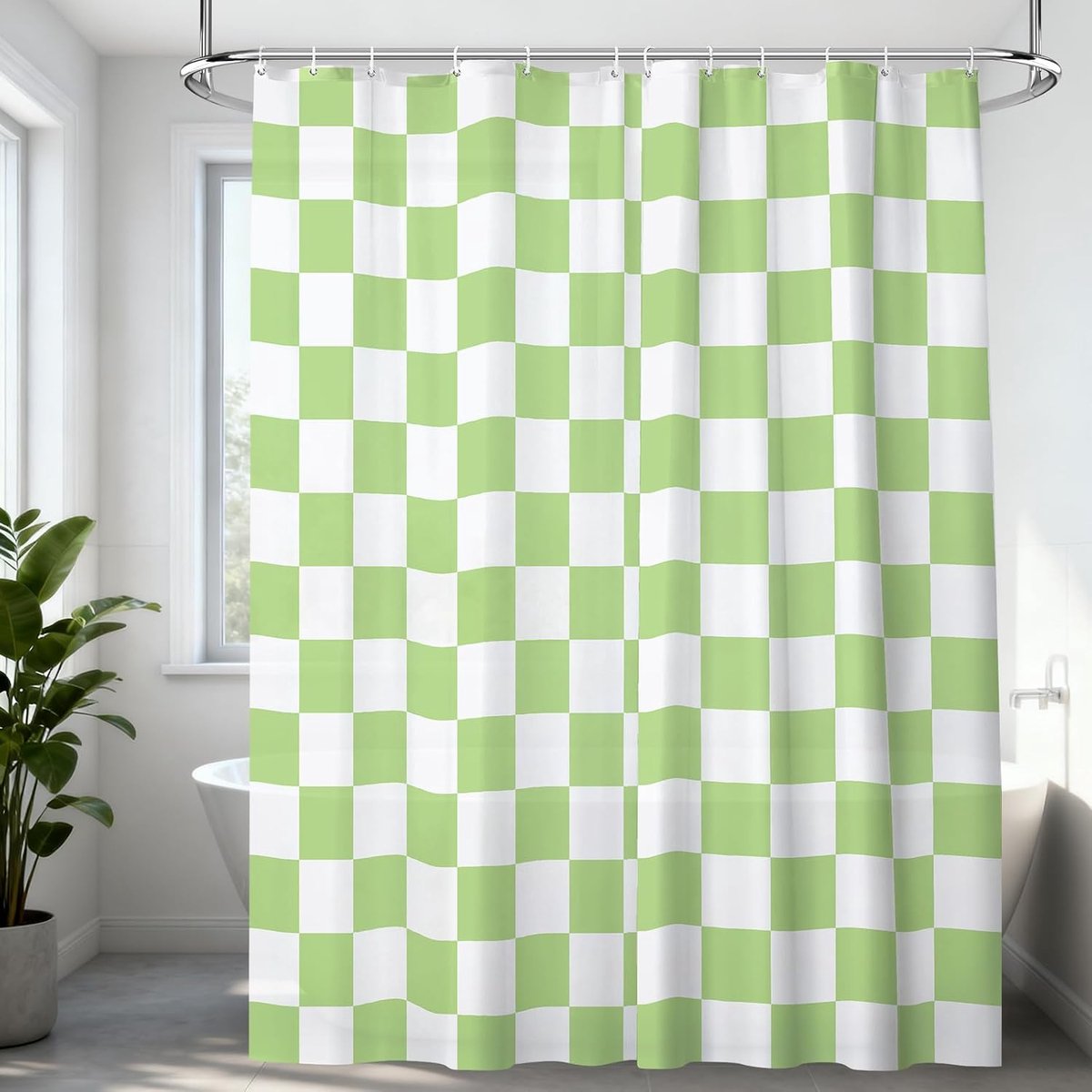 Douchegordijn, retro ruitpatroon, 180 x 200 cm, douchegordijn, waterdicht, anti-schimmel, met 12 haken, vintage design, douchegordijnen voor bad, groen + wit