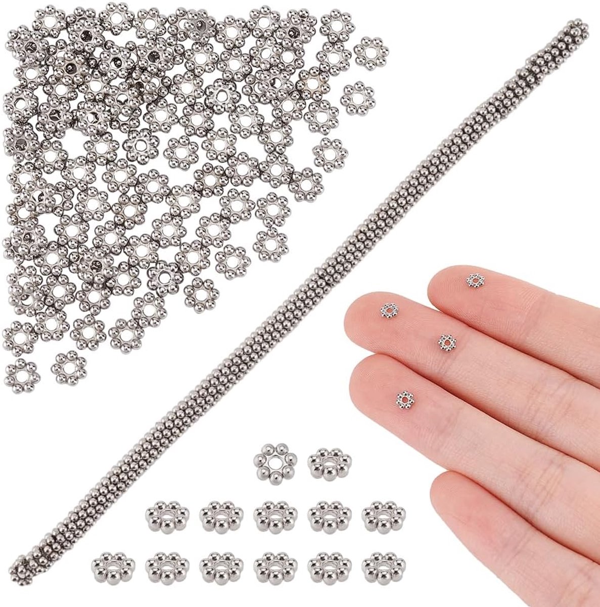 Kralen 4mm Daisy Spacer kralen metalen kralen zilveren bloemen kralen Tibetaanse stijl bloemen gegranuleerde kralen voor doe-het-zelf armbanden oorbel