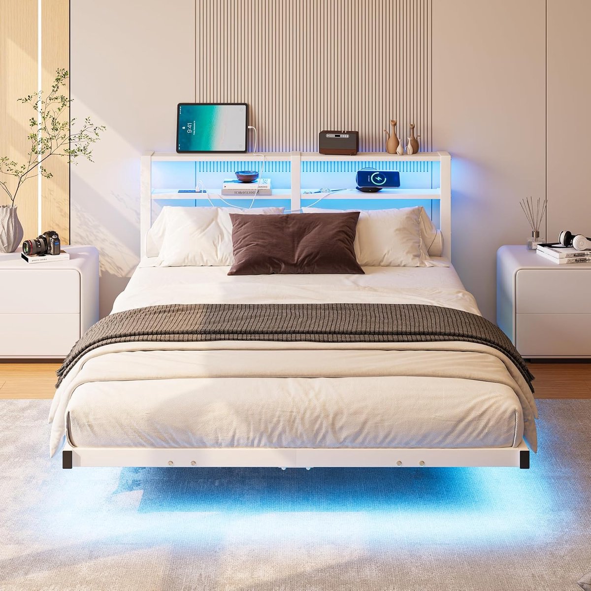 120 x 200 cm metalen zweefbed met ledverlichting, USB-laadstation en dubbel hoofdeinde hoofdeinde, stalen frame voor zware belasting, geluidsvrij, wit