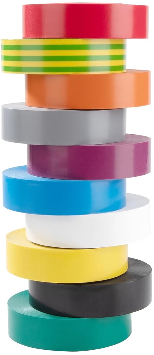 Isolatietape, 10 stuks, pvc-isolatietape, 19 mm × 20 m, gemengde kleur, voor draden en kabels, reparatie, in totaal 200 m