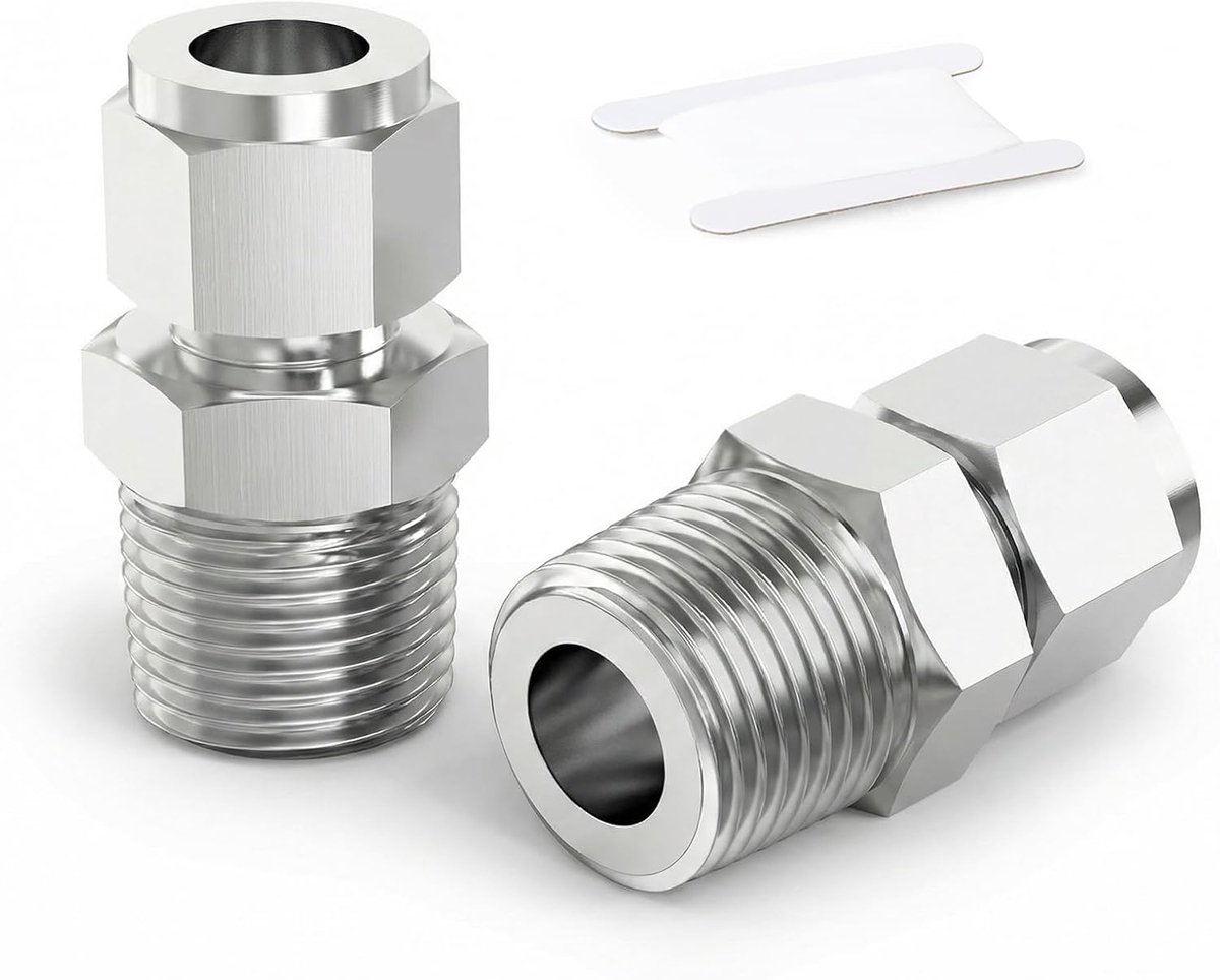 2 stuks 304 Roestvrijstalen Knelfitting, 10mm Buis OD x 3/4" BSP Mannelijke Rechte Connector, Hydraulische/Pneumatische Buisadapter met Enkele Knelring voor Water, Olie, Gas & Lucht