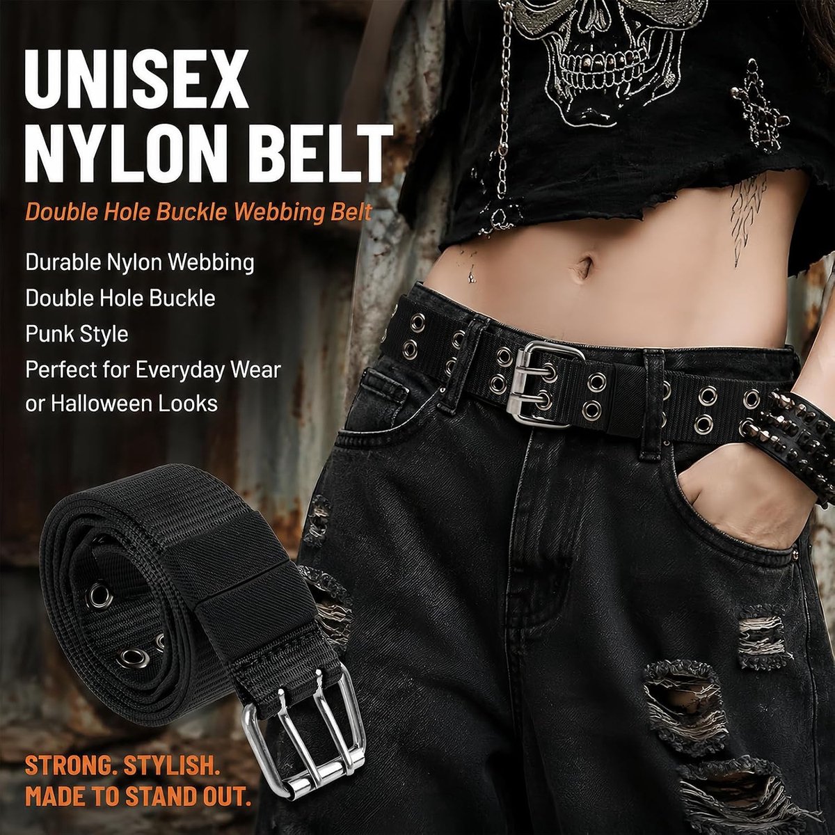 1 x zwarte nylon riem 120 cm, webriem met gesp met dubbele gaten voor jeans, punk-stijl voor dames en heren