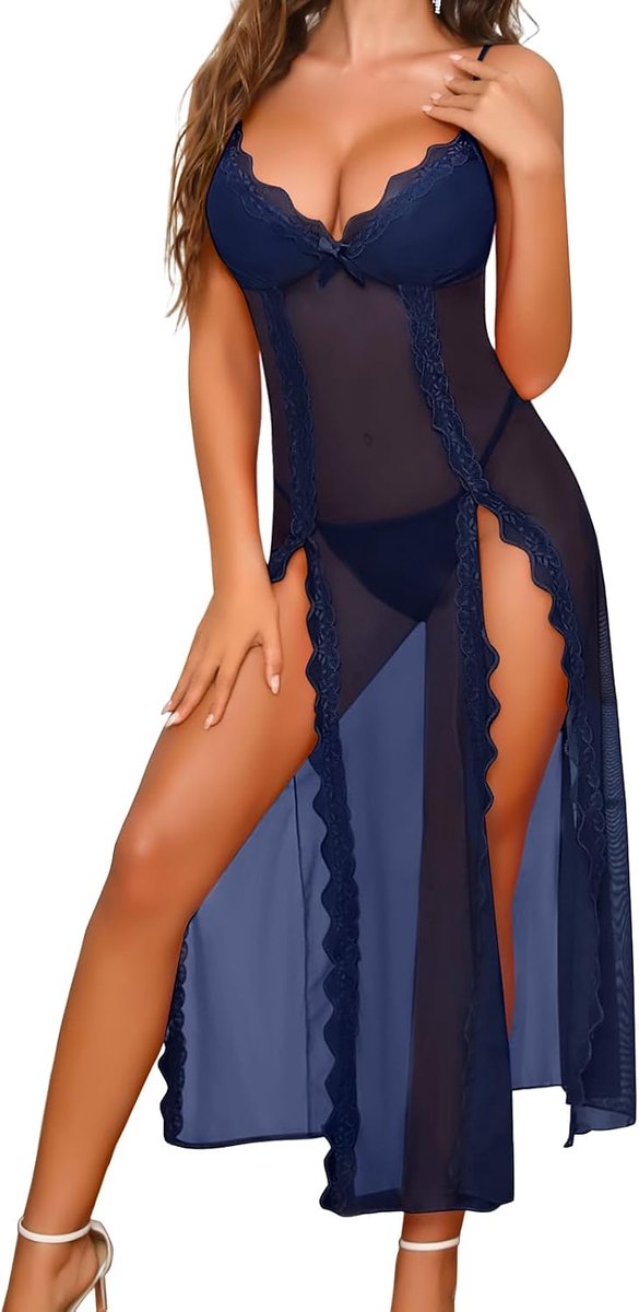Sexy lingerie voor dames, babydoll, transparant, kant, lang net, nachthemd, pyjama, V-hals, zijsplit, sexy negligees, kleding met tanga
