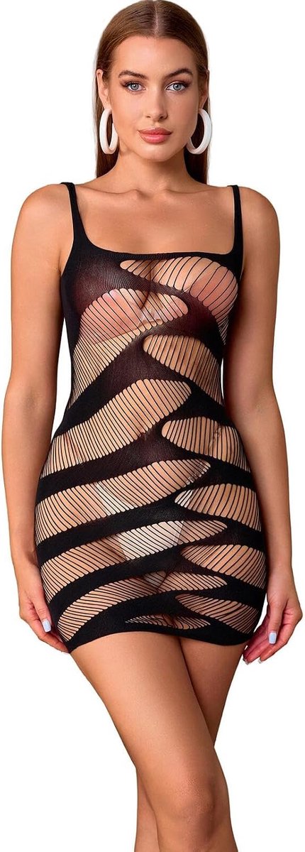 Sexy visnet bodysuit lingerie nachtjurk in stretchy bodycon-stijl doorzichtige babydoll omkeerbare mini-jurk rechte jurken