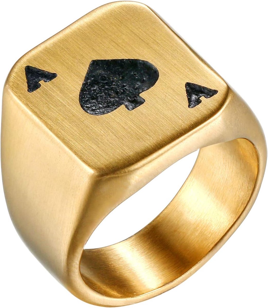 Ring van roestvrij staal, motief poker As de Pique As, kleur zilver/goud, uniek design, personaliseerbaar, voor heren en jongens