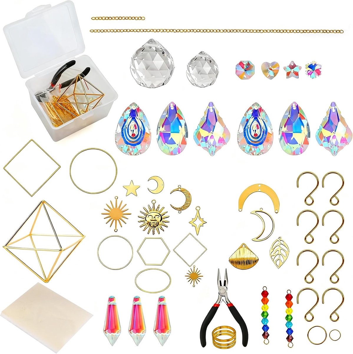 400-delige doe-het-zelf zonnevanger-knutselset, kristallen suncatcherset met prisma's, hangers, kettingen en gereedschap, regenboograamdecoratie voor thuis, kantoor, tuin en cadeau (All Gold)