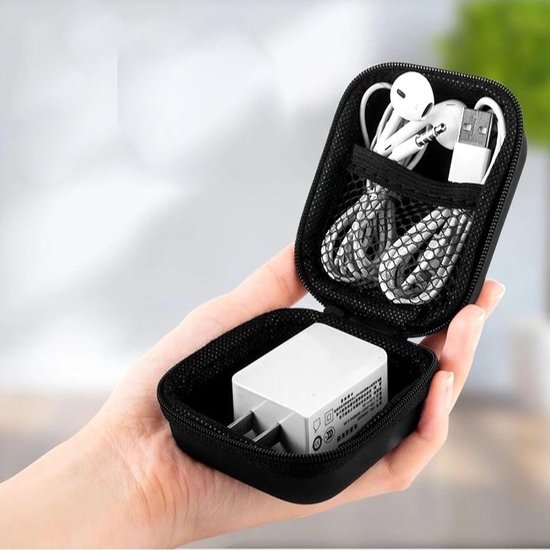 6-delige draagbare hoofdtelefoontas, mini-EVA-organizer, harde schaal met ritssluiting en interne mesh-opbergtas voor bluetooth-hoofdtelefoon, kleine apparaten, oplaadkabel/sleutels (zwart) — afbeelding 3