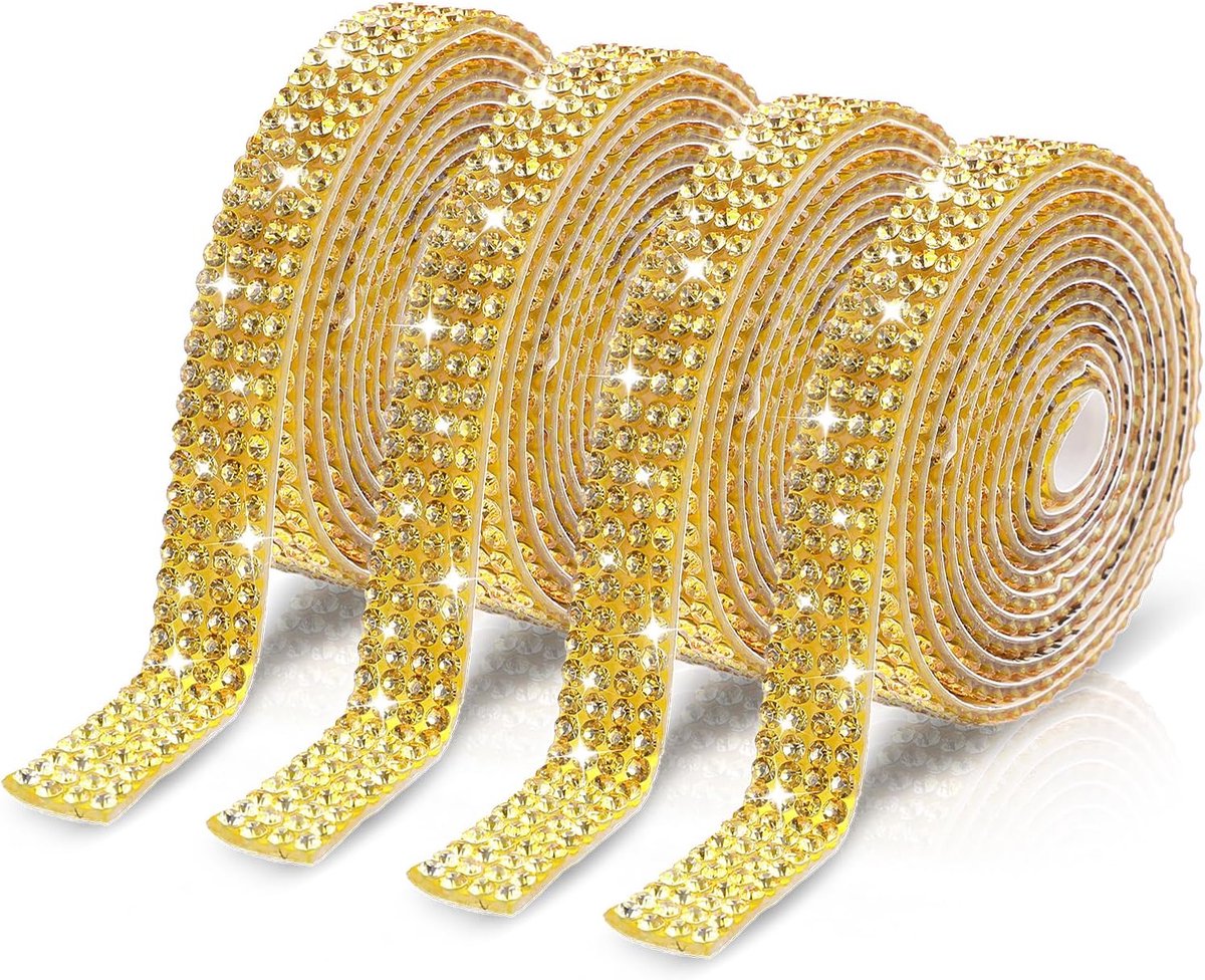 4 rollen goudkleurige strass-band, 0,9 cm breed, stickers, glitterafwerking, diamantriem, glitter voor schoenen, handwerk, versiering, bruiloft, sieraden, doe-het-zelf