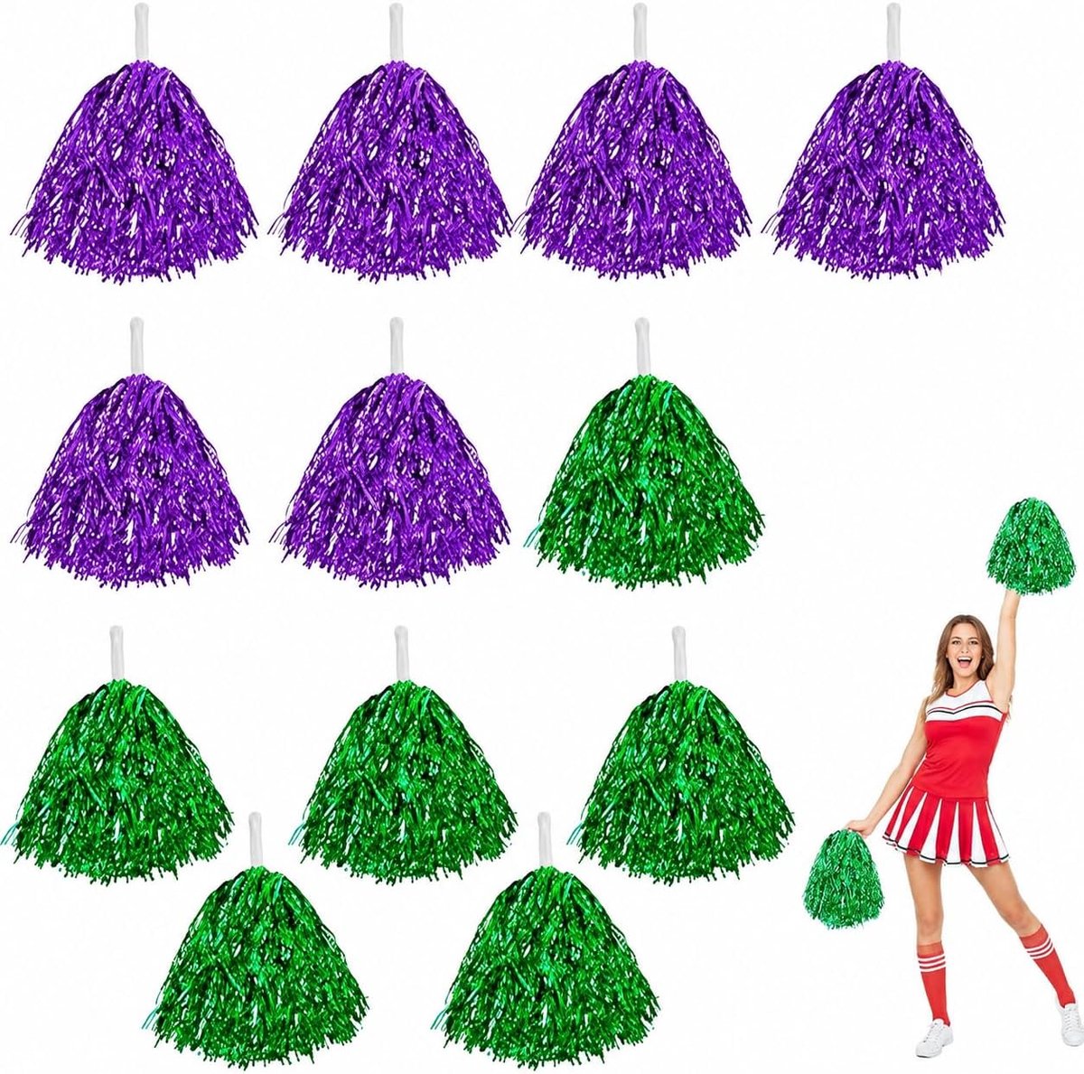 12 Cheerleading Pompons Set - 2 Kleuren (Paars en Groen), Inclusief Handvatten - Lichtgewicht, Duurzaam en Flitsend - Ideaal voor Sportevenementen, Feesten en Dansoptredens
