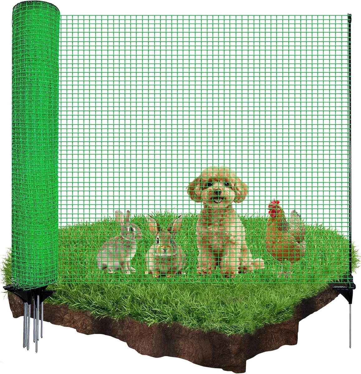 begrenzingshek zonder stroom, 90 cm hoog, 25 m tuinnet met 15 geïntegreerde palen, fijnmazig insteekhek voor tuin en camping, geschikt voor honden en bloembedden, complete set