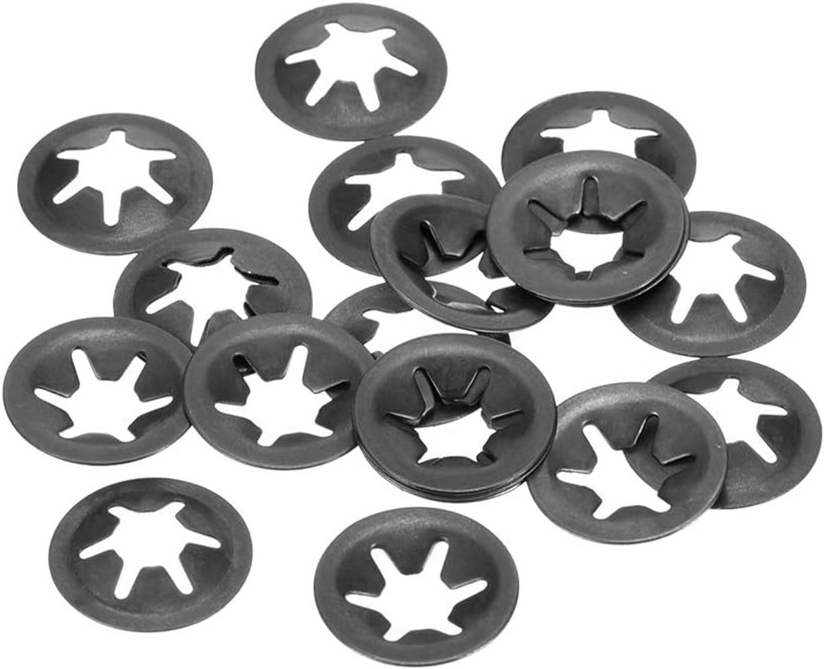 Sourcing map 20 stuks M6 ster borgschijf 5,5 mm binnendiameter. 16 mm buitendiameter. Binnentand borgschijven drukken vergrendeling clip 65 Mn zwart