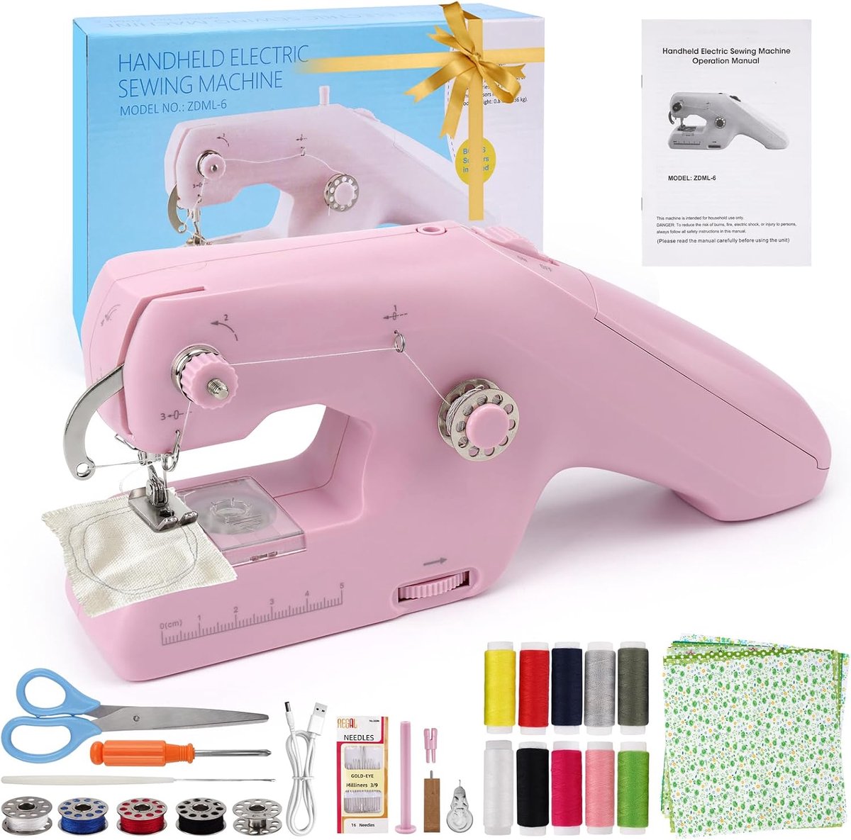 handnaaimachine, draagbare mini-elektrische met dubbele draad | Dubbeldraad-naaisysteem, geen knopen nodig. 2 stroommodi: batterij of netvoeding. Voor stoffen ≤ 1,8 mm. Incl. accessoireset