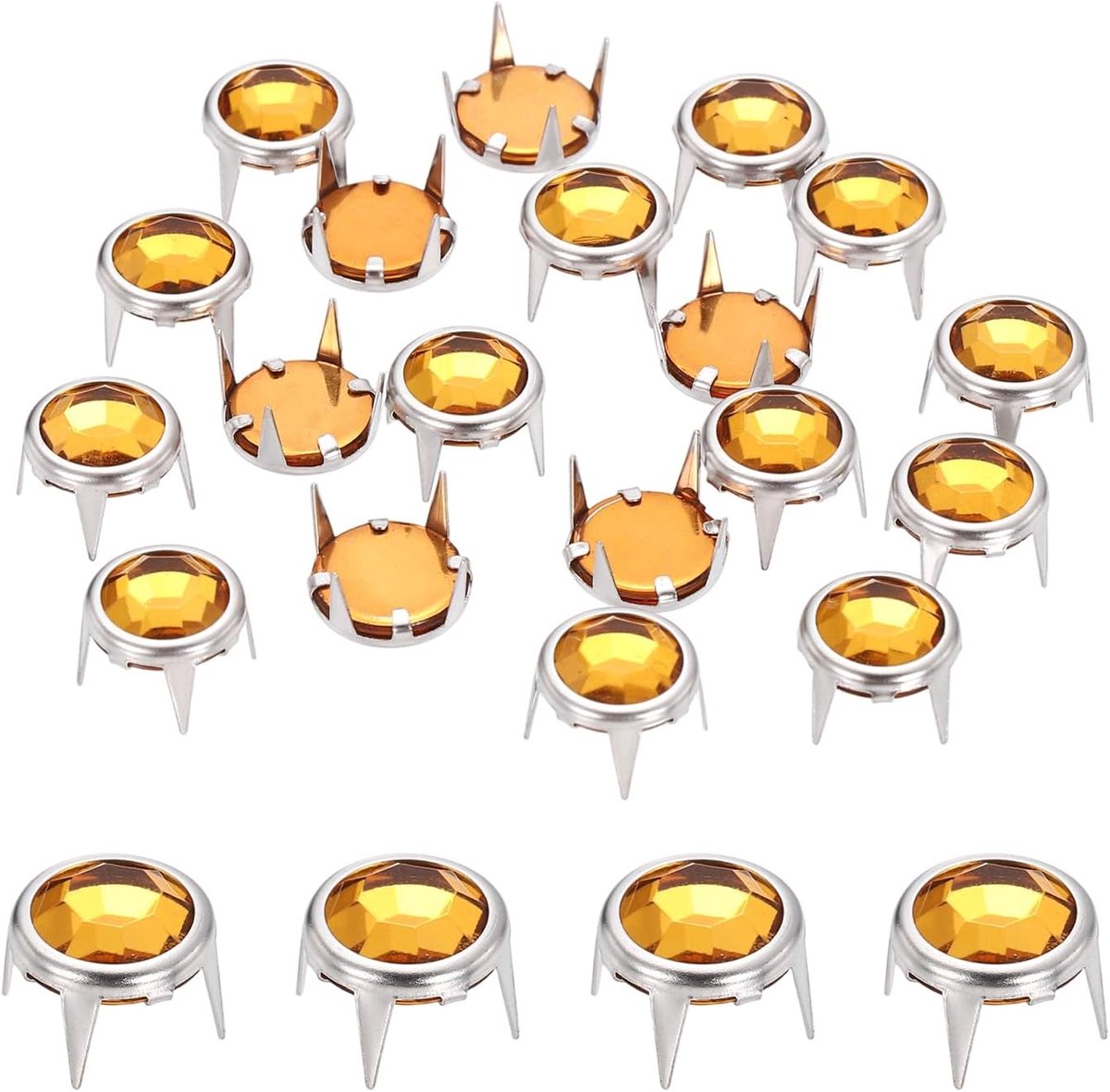 50 stuks oplaadbare klauwstrass-steentjes 0,39 inch (10 mm) platte bodem klauwkralen strass metalen nagels, klinknagels metalen punten decoratieve klinknagels voor productie, zilvergeel