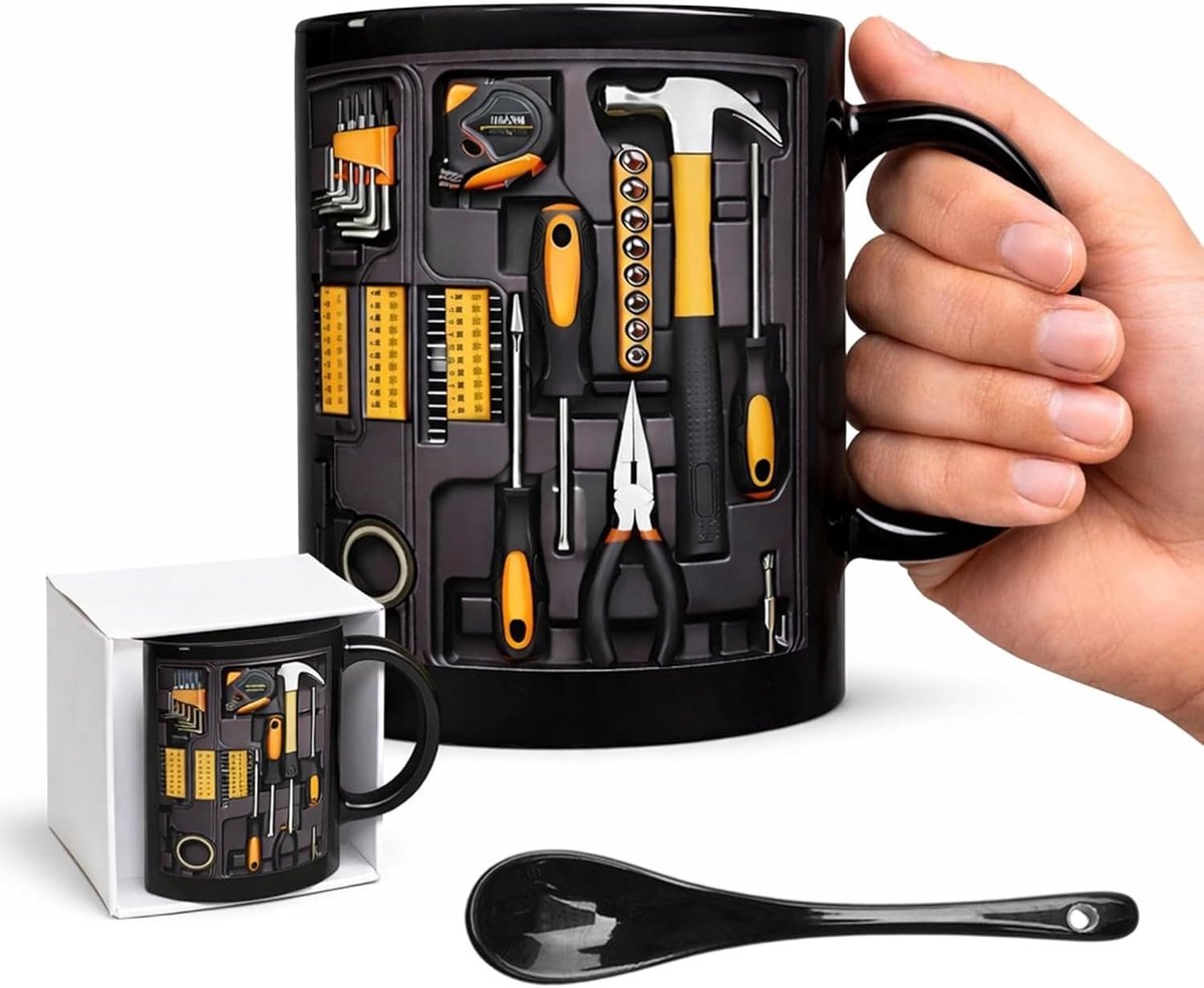 gereedschapskist mok - 350 ml zwart keramiek mechanisch gereedschap koffiekop met handvat, grappige doe-het-zelf koffiemok, gereedschapsbeker voor papa, ingenieur, mannen, ambachtslieden