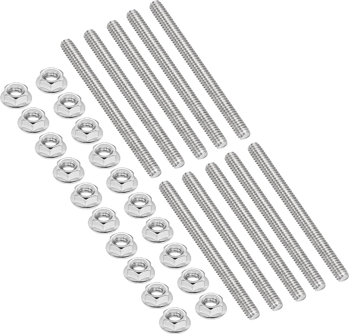10 stuks draadstangen 1/4 inch-20 x 80 mm met zeskantmoeren, 304 roestvrij staal, draadstang, volledig rechts, met 20 stuks kraagmoeren, zilvertint