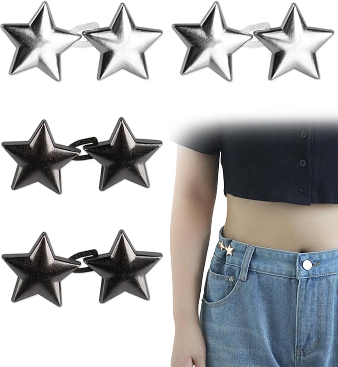 Knopen zonder naaien (2 x zilver/2 x zwart), verstelbare jeansclip voor onmiddellijke aanpassing van de taille en comfortabele grip zonder stofspanning