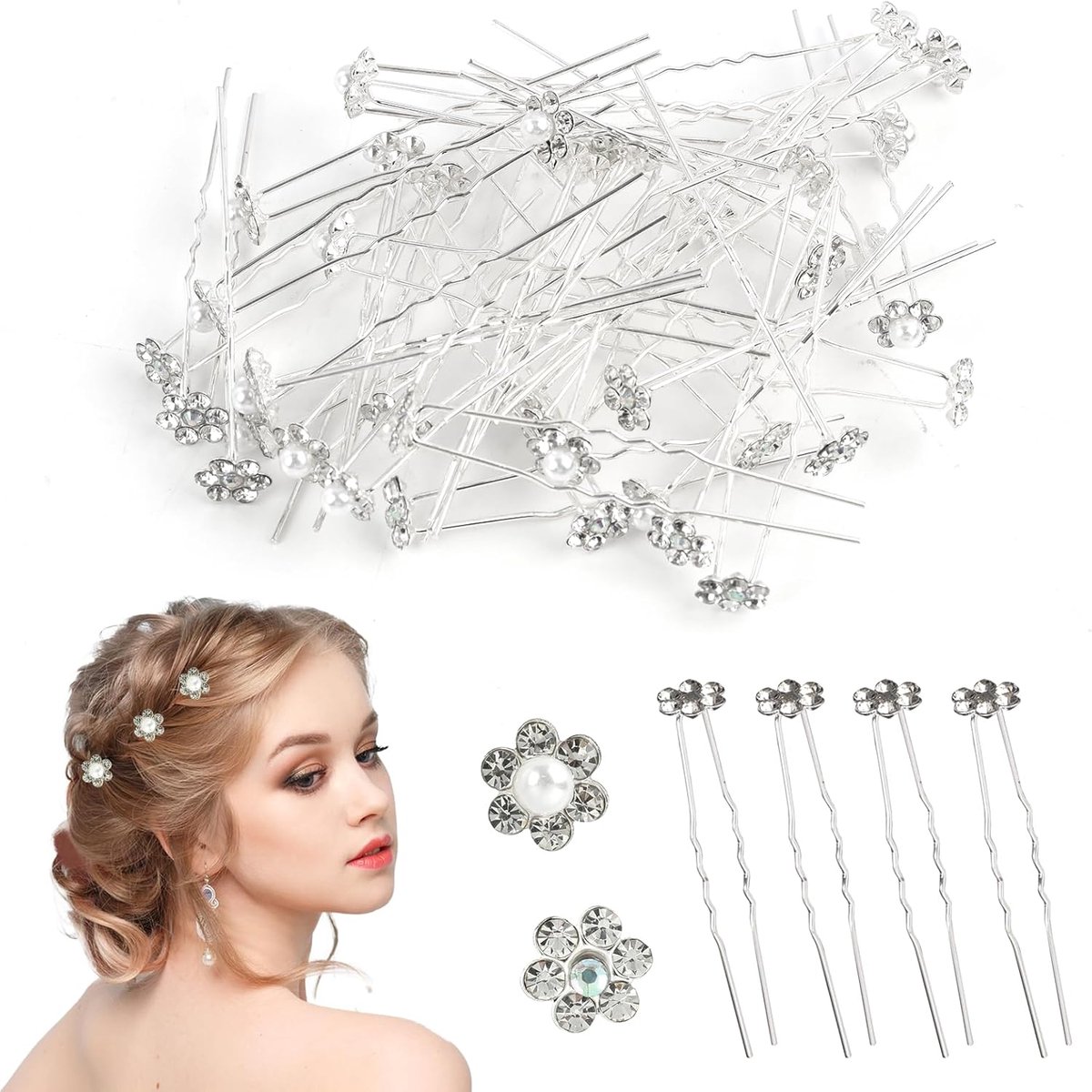 Haarspelden met parels, 40 stuks, voor bruid, zilveren parels, strass, haaraccessoires, accessoires voor bruiden, bruidsmeisjes, vrouwen, meisjes, zilveren haarsieraden, bloemen, haaraccessoires