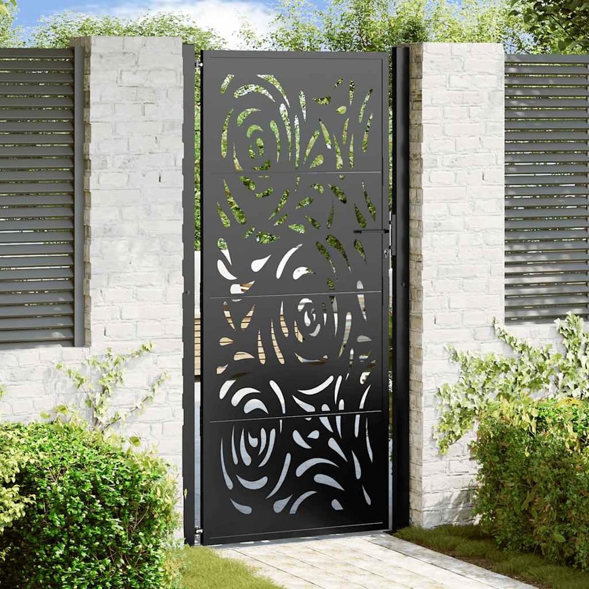 Zwart, 100 x 200 cm, staal met lasergesneden vlammendesign, verzinkt en gepoedercoat, voor tuin, terras en ingang van perceel